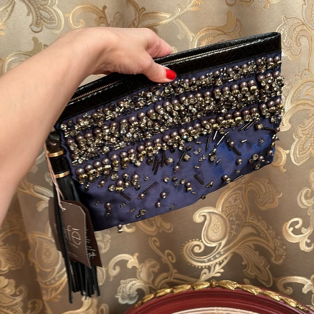 Rafe New York LG GELIA blue satin leather trimmed embellished studded clutch
